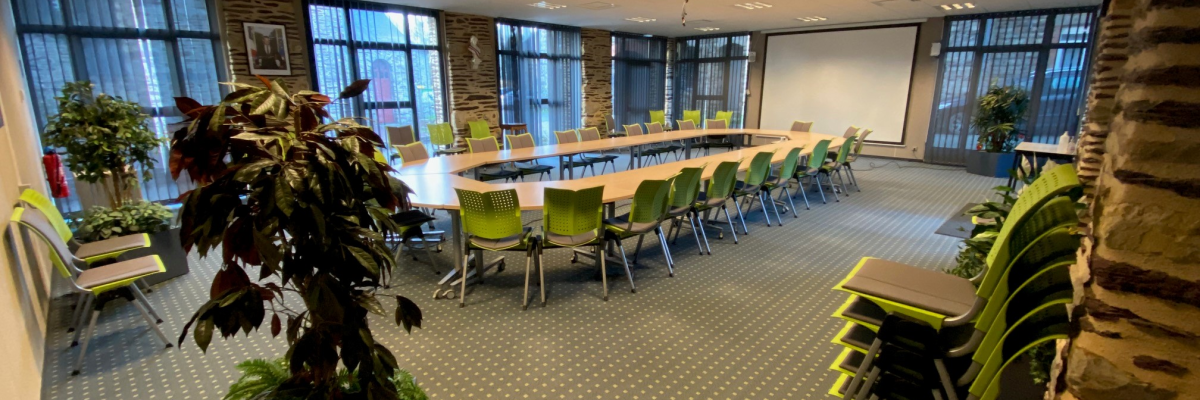 Salle de réunion avec table, chaises, plantes, écran et lumières.