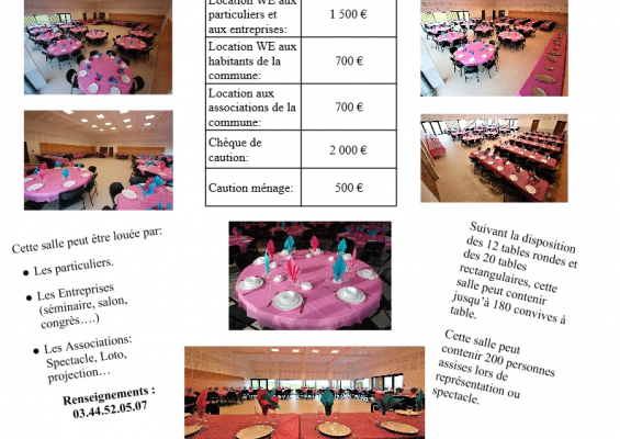 Affichage de tarifs de location pour des espaces d'événements avec des images de salles et d'activités.