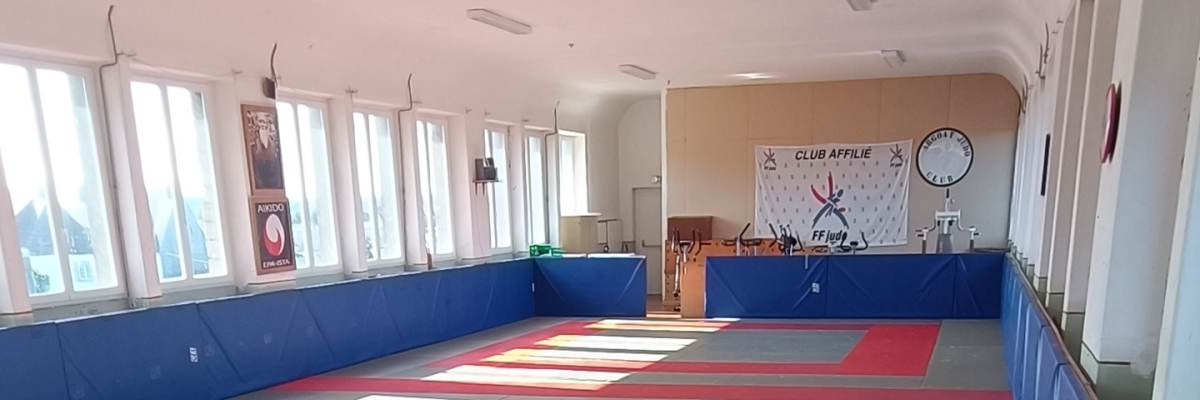 Salle avec parquet, tapis multicolores, miroirs, fenêtres et équipements sportifs.