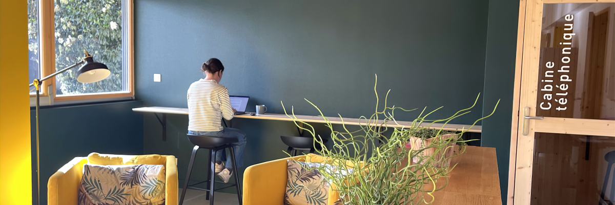 Espace avec table, chaises, plante, journaux et personne travaillant sur ordinateur.