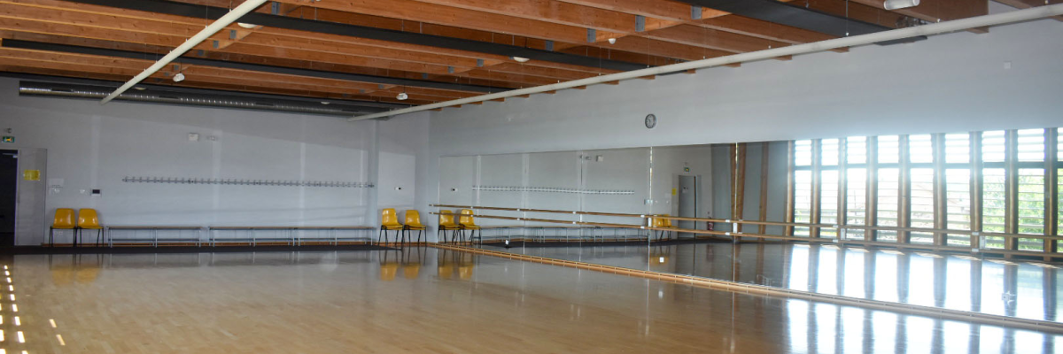 Salle avec parquet, bancs, portes, fenêtres et plafond en bois.