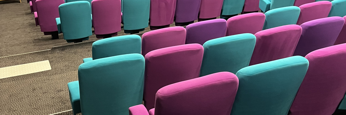 Salle de cinéma avec rangées de sièges, écran et projecteur.