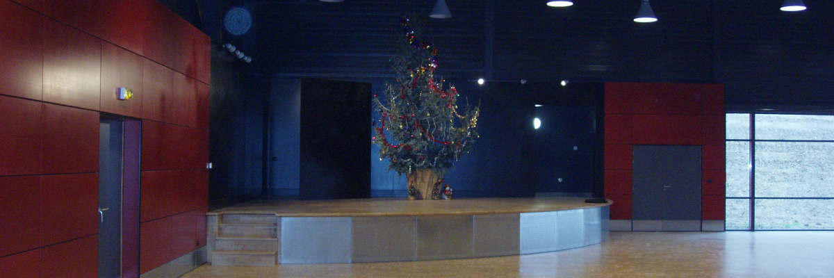 Salle avec éclairage suspendu, rideaux rouges, scène avec vase fleuri, porte et fenêtre.