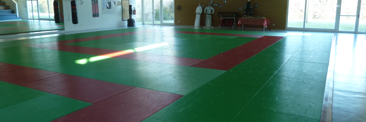 Salle de sport avec sol vert et rouge, murs blancs, tables, chaises et équipement sportif.