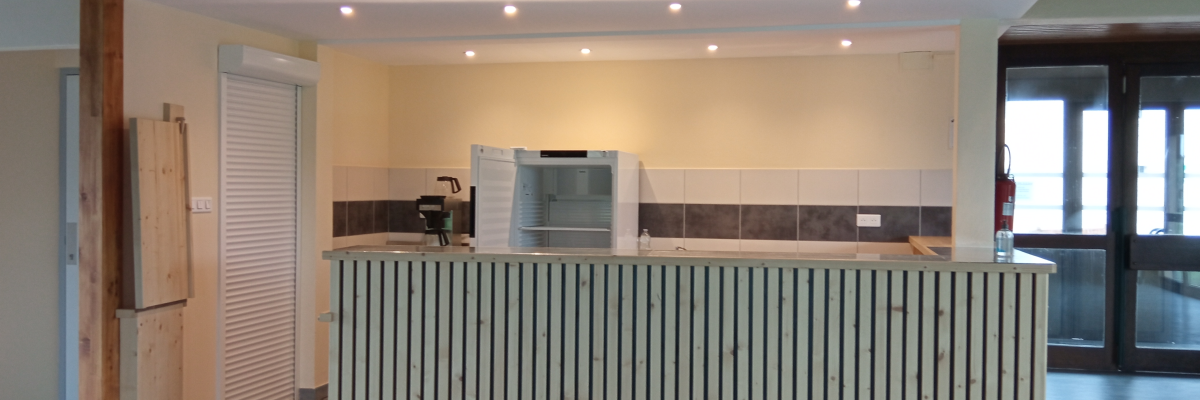 Cuisine avec comptoir, plan de travail, plaques à induction et hotte.