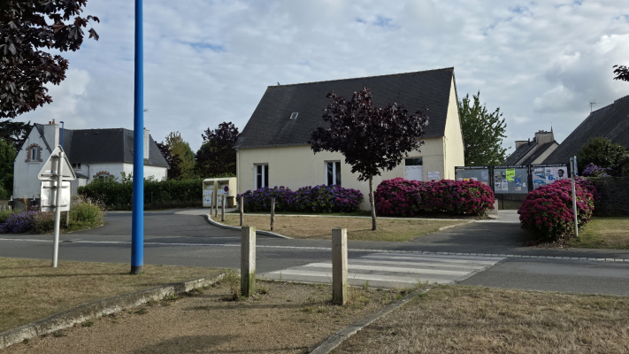 Maison avec toits noirs, route, poteaux, panneaux et buissons floraux.