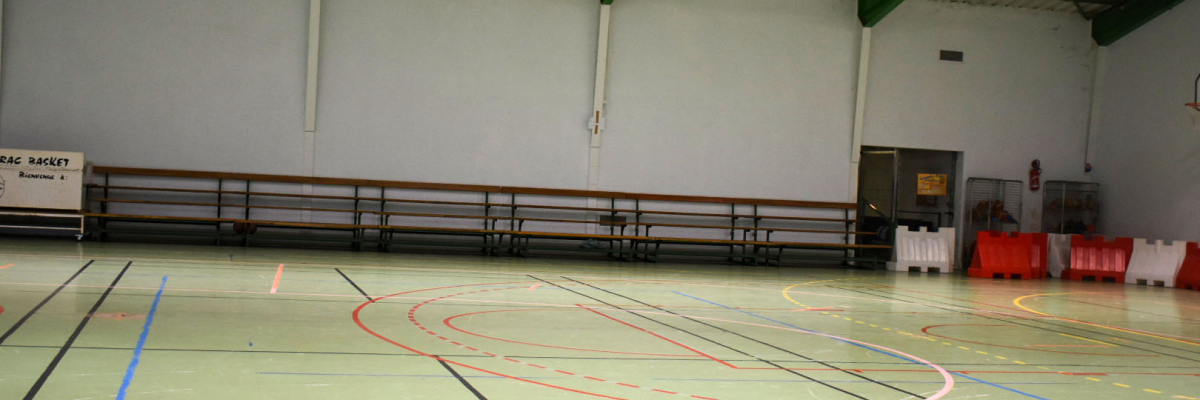 Gymnase avec panier de basket, bancs et terrain multicolore.