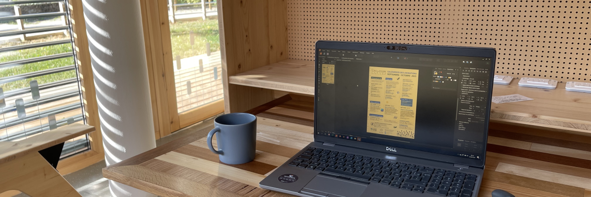 "Bureau avec ordinateur portable, souris, tasse. Étagères en bois."