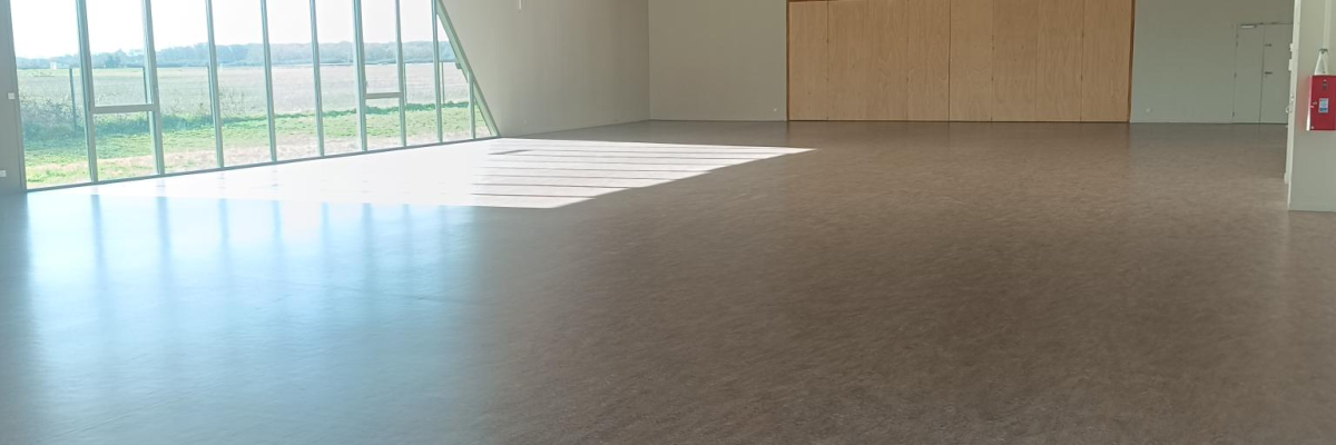 Salle spacieuse avec parquet, grandes fenêtres, plafond en bois, porte en bois et extincteur.