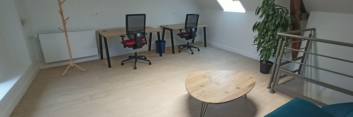 Bureau avec tables, chaises, ordinateurs, porte-manteau, table basse, plante.