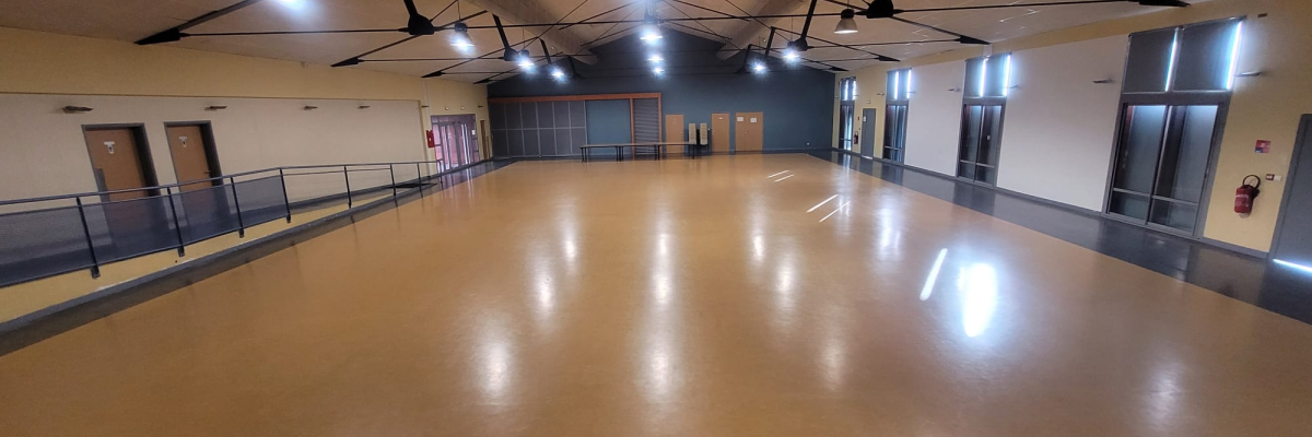 Salle spacieuse avec éclairage suspendu, sol en bois, mezzanine, portes et fenêtres.