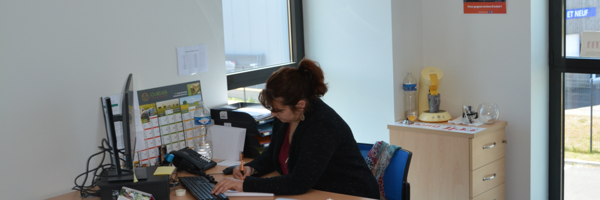 Bureau avec ordinateurs, chaise, corbeille à papier, et étagères.