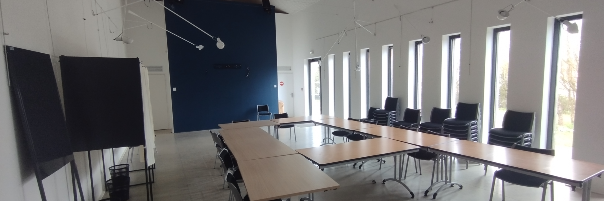 "Salle de réunion avec tables, chaises, tableau blanc, pot de fleurs, fenêtres, éclairage suspendu et porte."