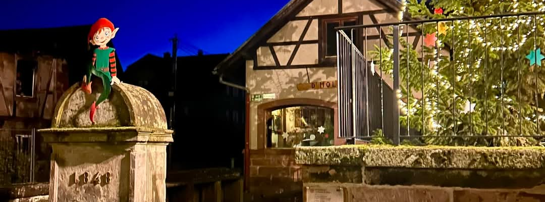 Fontaine avec statue, sapin de Noël illuminé et bâtiment traditionnel.