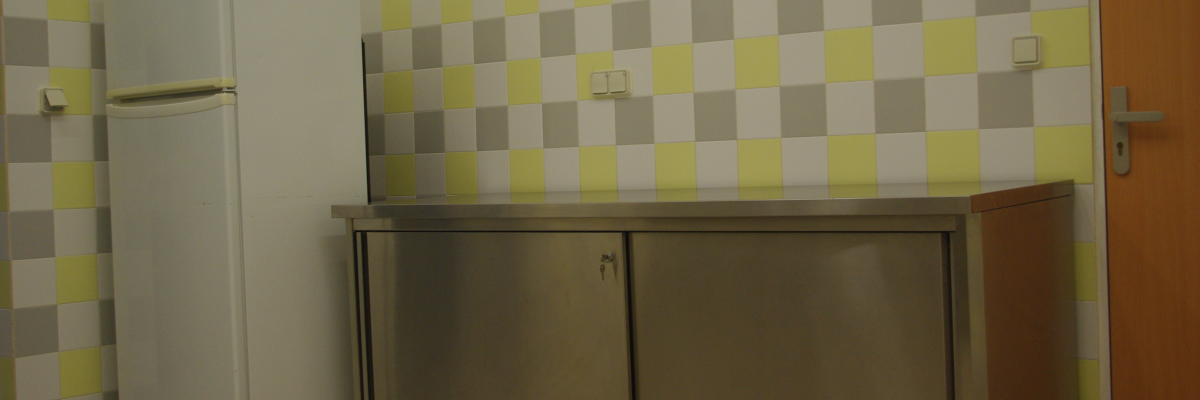 Cuisine avec réfrigérateur, plan de travail, armoire métallique et mur à carreaux.