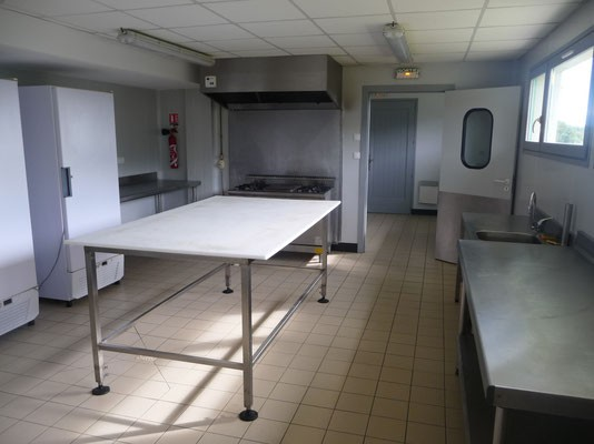 Laboratoire avec tables, éviers, réfrigérateur, hotte et armoires.