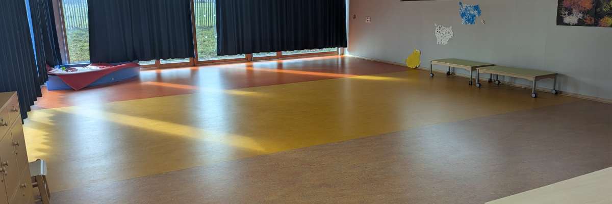 Salle avec sol en parquet, fenêtres, bancs, et tableau.