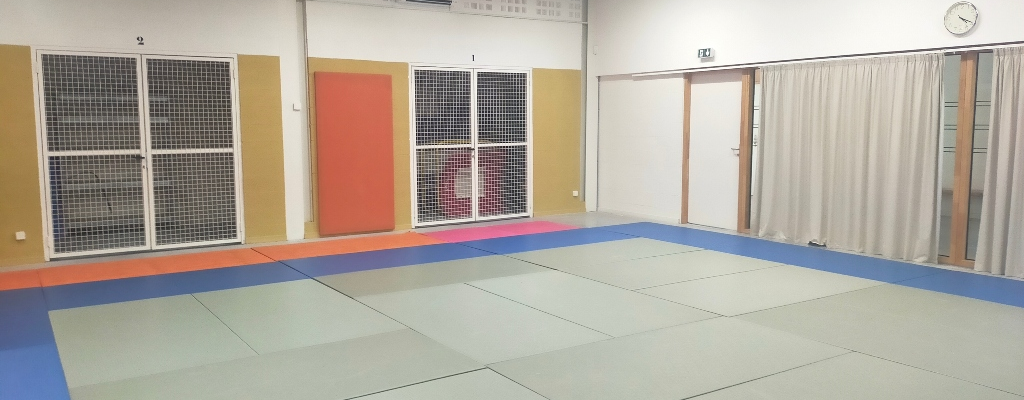 Salle avec tapis, fenêtres grillagées, porte, rideaux et horloge.