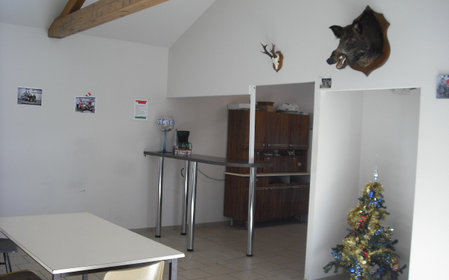 Pièce avec table, chaises, sapin de Noël, étagères, trophées et photos murales.