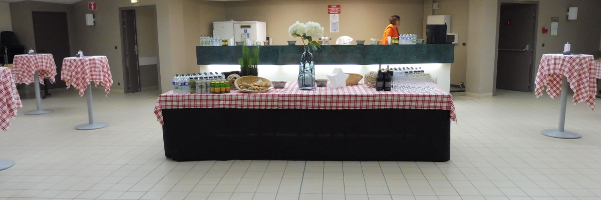 "Salle avec tables, nappes à carreaux, buffet, fleurs, et personnel en arrière-plan."