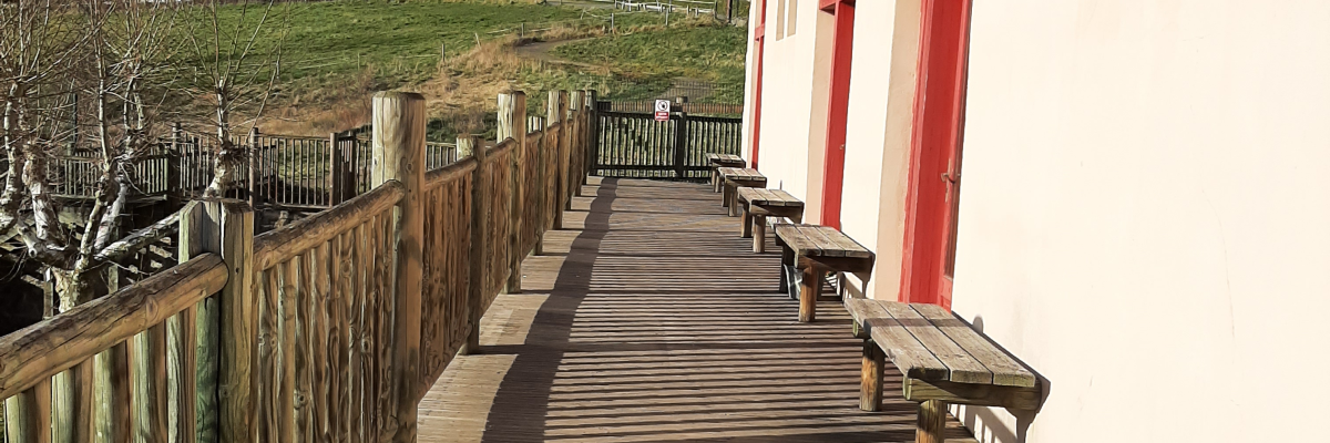 Terrasse en bois avec clôture, chaises et tables. Vue sur herbe et bâtiments.