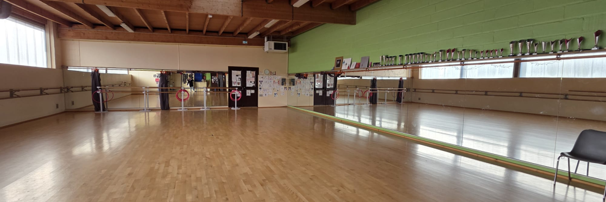 Salle de danse avec plancher en bois, barres, miroir, porte et chaise.