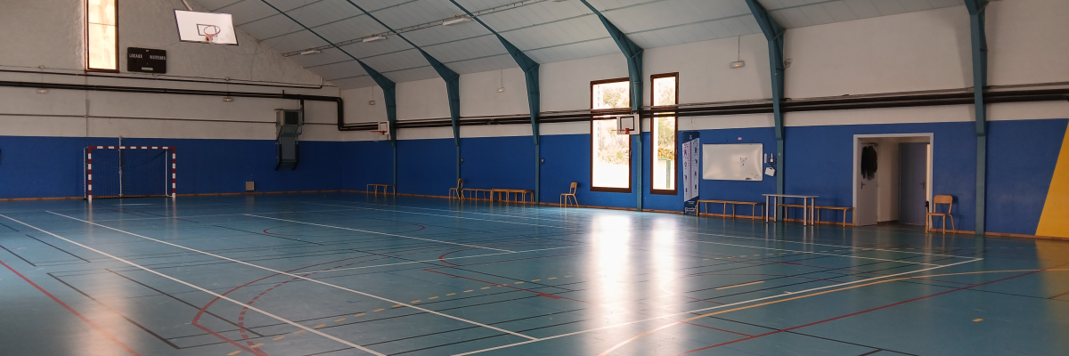 Salle de sport avec paniers de basket, panneaux de handball, échafaudages et portes de sortie.