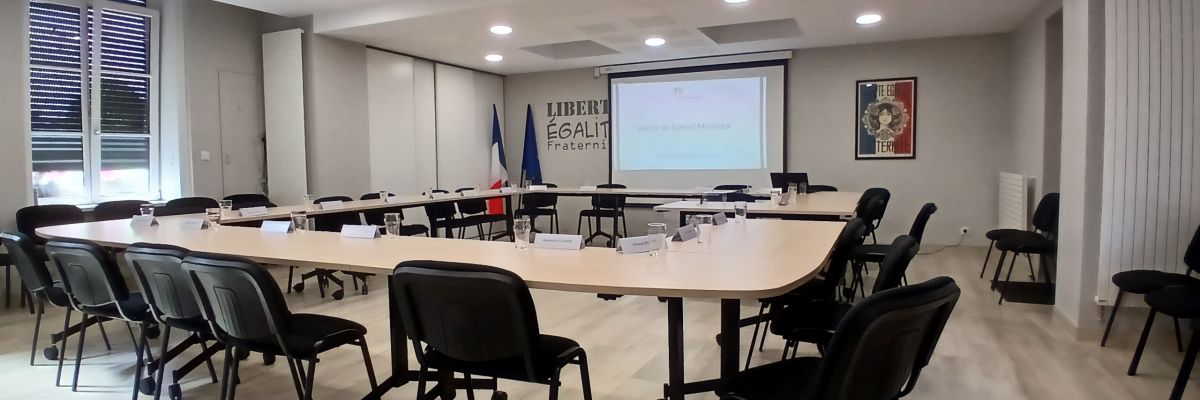 Salle de réunion avec table, chaises, écran, projecteur et drapeaux.