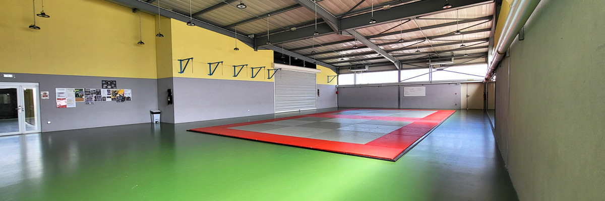 Salle de sport avec sol vert, tapis rouge, murs jaunes et gris. Haut plafond métallique.