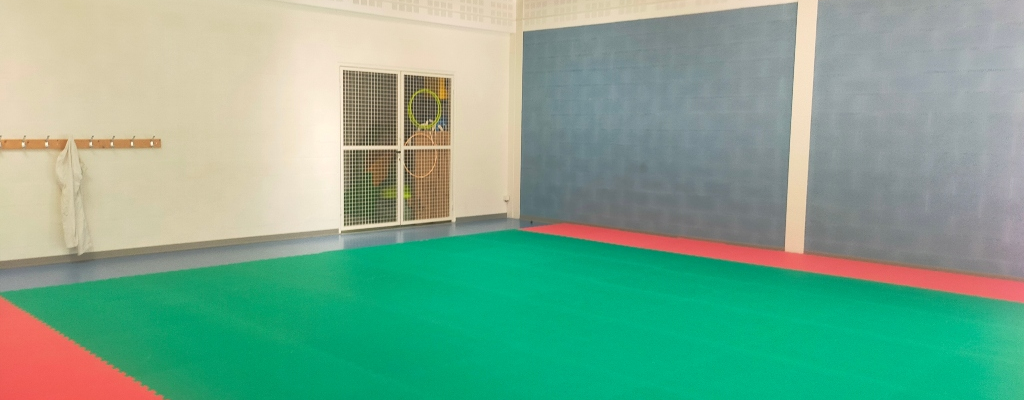 Salle avec sol vert, mur gris, porte grillagée, raquettes, et porte-manteau.