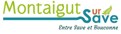 Logo : "Montaigut sur Save, Entre Save et Bouconne". Texte vert et bleu sur fond blanc.