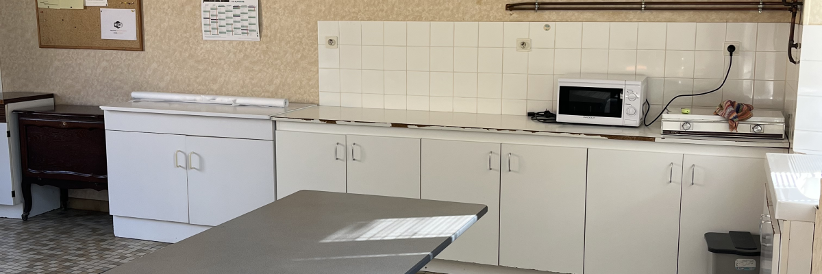 Cuisine avec tables, meubles, plaques de cuisson, micro-ondes et machine à laver.