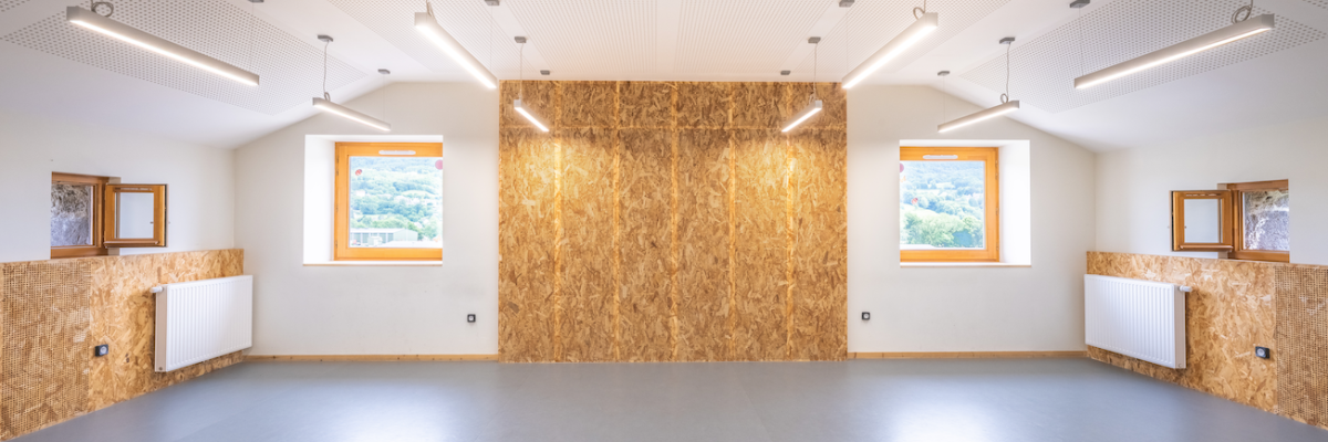 "Salle vide, plancher gris, murs partiel en bois, fenêtres, radiateurs, éclairage suspendu."