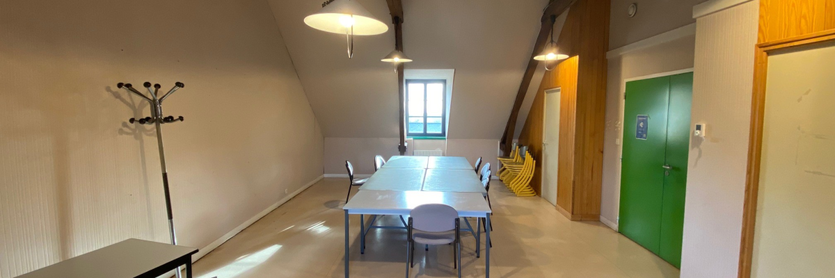 Salle avec table, chaises, porte-manteau, et porte verte.