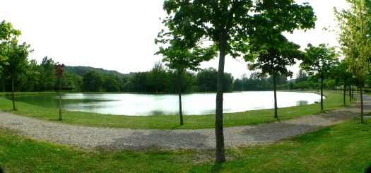 Étendue d'eau entourée d'arbres et de pelouse, avec chemin de gravier.