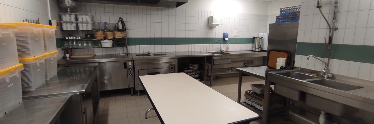 Cuisine équipée avec plans de travail, évier, lave-vaisselle, fourneaux, étagères, et hotte.