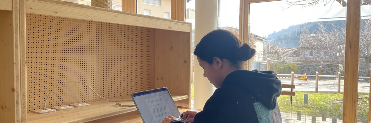 Bureau en bois, ordinateur portable, tasse, personne travaillant, fenêtres, plantes.