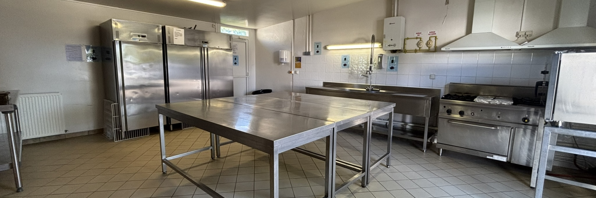 Cuisine avec plans de travail, fours, éviers, réfrigérateurs et étagères.