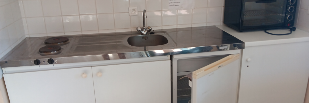 Cuisine avec plaques de cuisson, évier, micro-ondes et réfrigérateur.