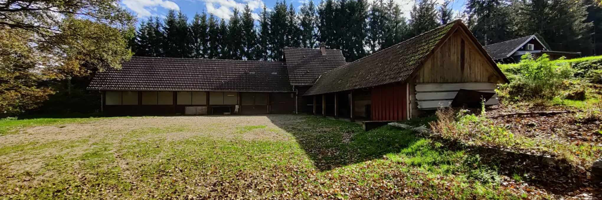 Ancienne ferme avec grange et hangars en bois, toits en tuiles. Entourée d'arbres et de verdure.