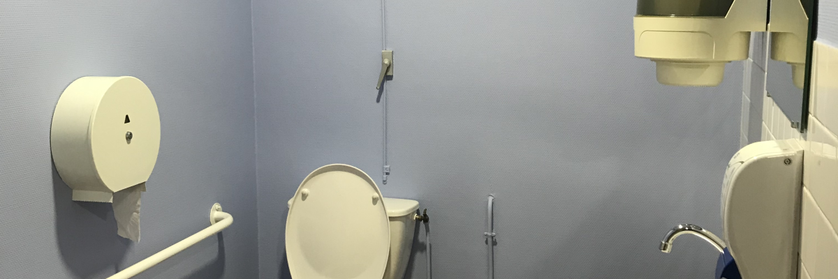 Toilettes avec distributeur de papier, poubelle, lavabo, distributeur de savon et porte-serviettes.