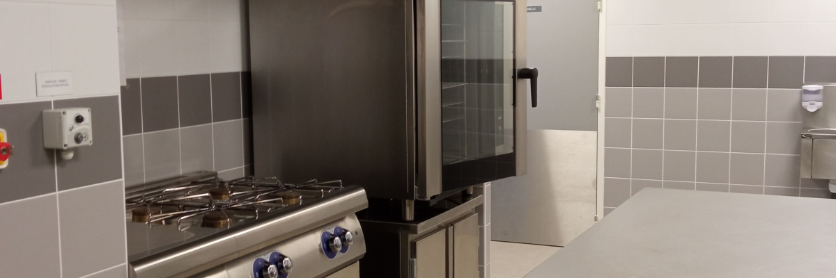 Cuisine avec hotte, plaque de cuisson, réfrigérateur, évier et plan de travail.