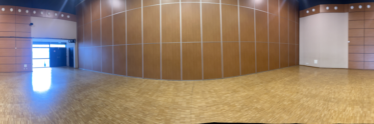 Grande salle vide avec murs boisés, éclairage, portes et parquet.