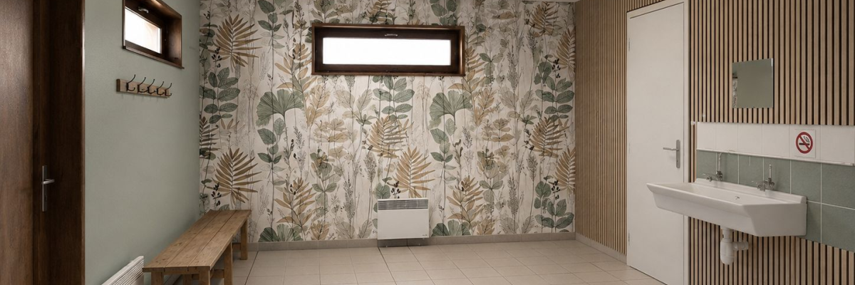 Salle avec banc, lavabo, miroir, porte-manteau et radiateur.