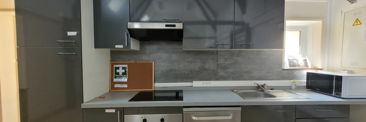 Cuisine avec armoires, frigo, four, lave-vaisselle, hotte, plaque de cuisson, micro-ondes et évier.