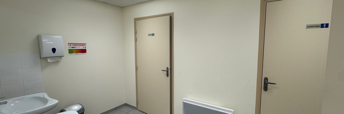 Toilettes avec lavabo, distributeur de savon, radiateur et deux portes.