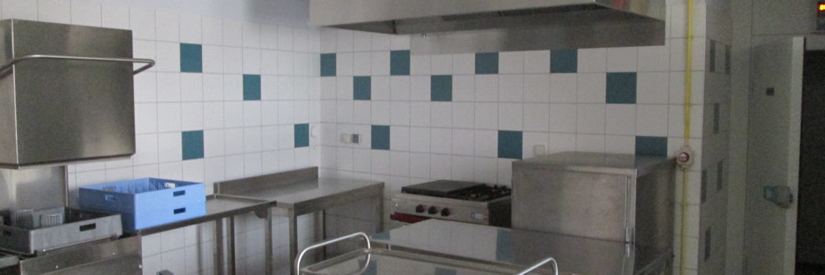 Cuisine professionnelle avec plans de travail, chariots, plaques de cuisson, hotte et étagères.