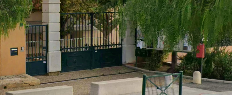 Entrée avec portail, murs, boîtes aux lettres, boîte à déchets, arbres et allée.