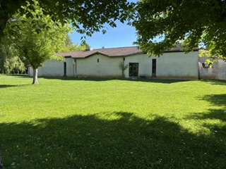 Maison avec toit plat, porte et fenêtre, entourée d'arbres et de gazon.