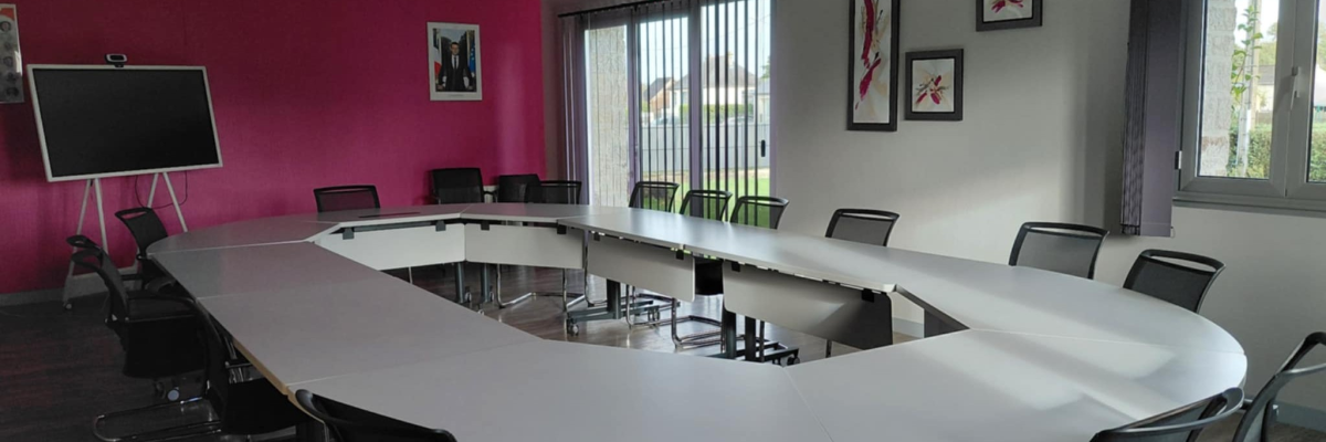 Salle avec table ovale, chaises, écran et micro.